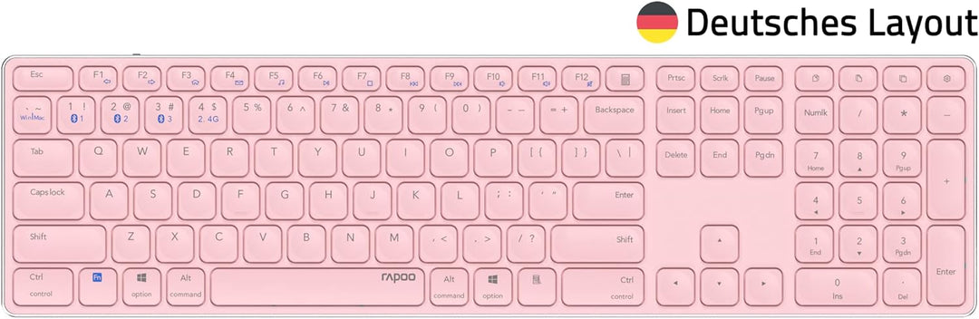 Rapoo E9800M kabellose Tastatur Wireless Keyboard wiederaufladbarer Akku flaches Aluminium Design DE
