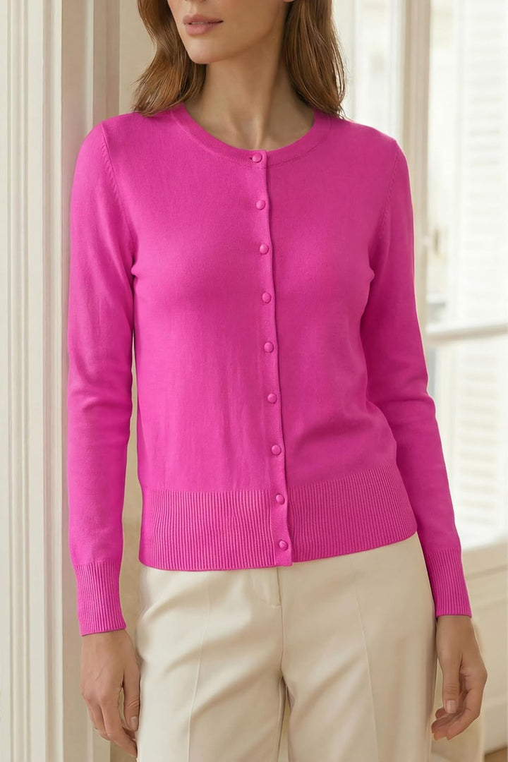 VOTEPRETTY Leichter Strickjacke Damen Cardigan Kurzarm/Langarm Sommer Solid Top Langarm M Rosarot, L