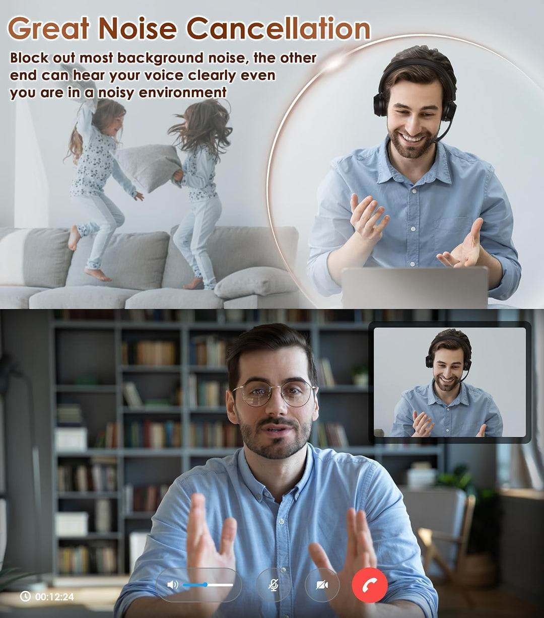 Soothielec Bluetooth Headset, Kabelloses Headset mit Mikrofon mit Geräuschunterdrückung, bestes Head