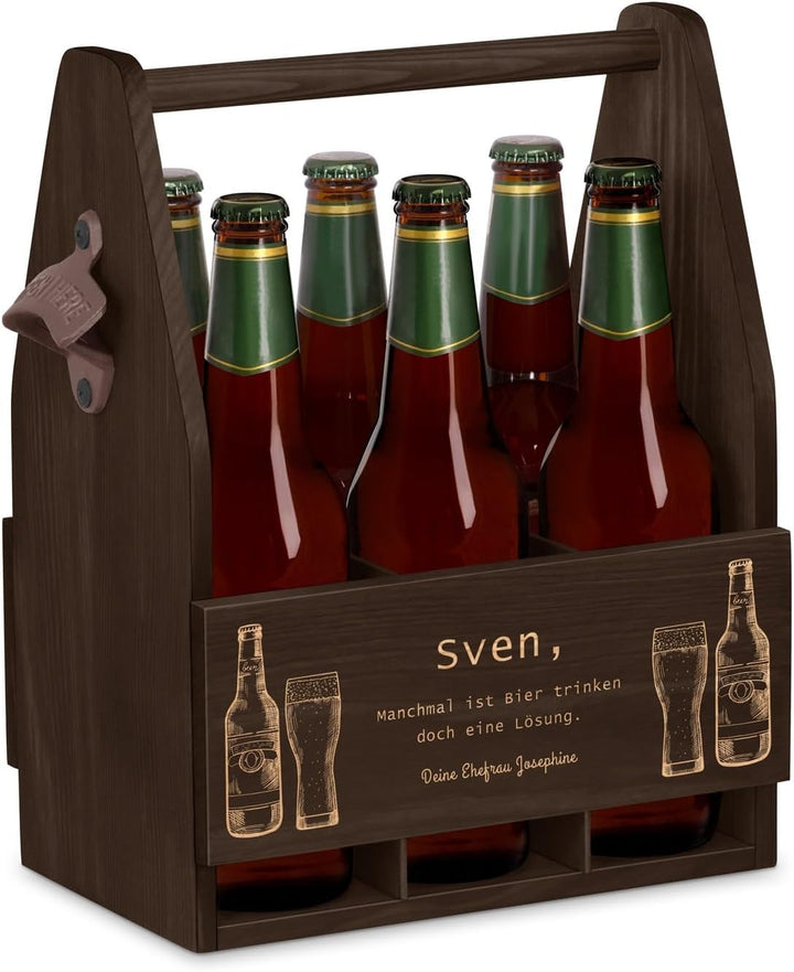 Maverton Bierträger für 6 Flaschen 0,5L + Gravur - Männerhandtasche mit Flaschenöffner - Grösse: 25x