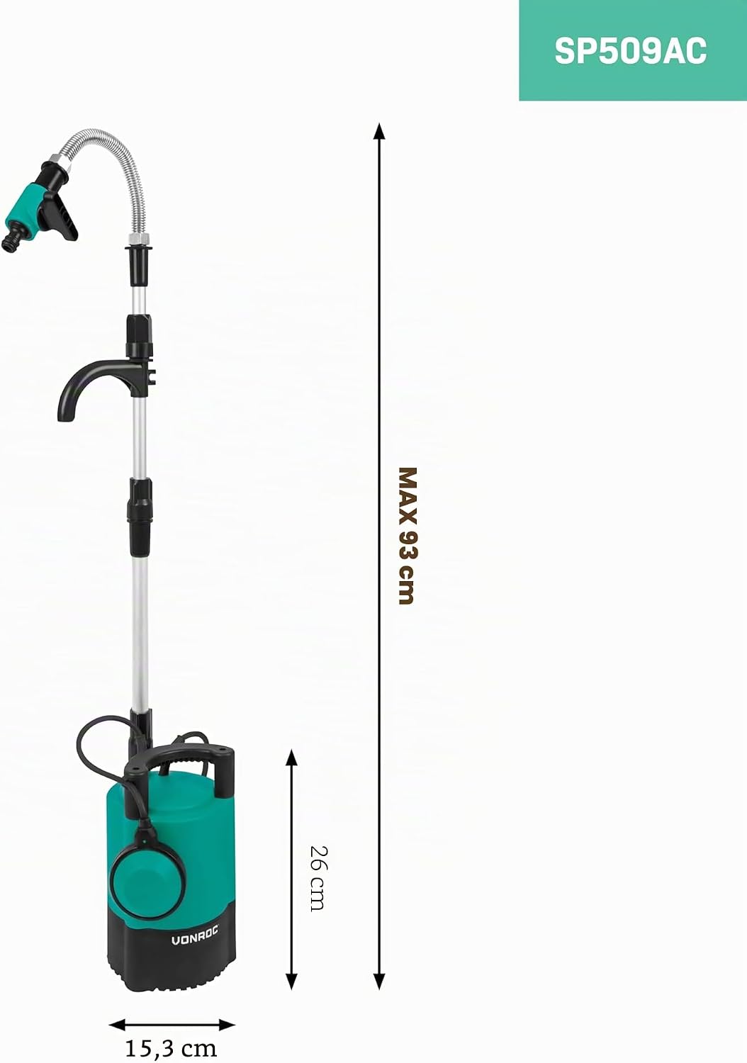 VONROC Regenfasspumpe Elektrisch - Tauchpumpe für Regenwassertonne 23V - 400W - 5200 l/h - Trockenla