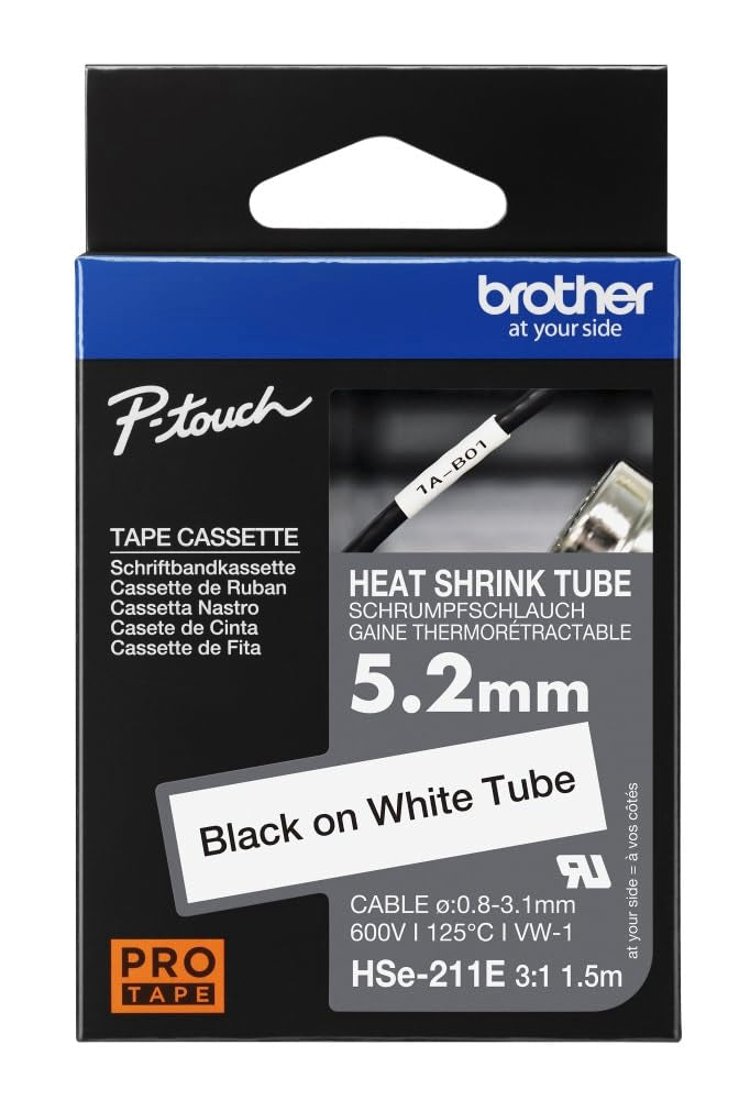Brother Original Pro Tape HSe-211E Schrumpfschlauch – schwarz auf weiss, 5,2 mm breit, 1,5 m lang