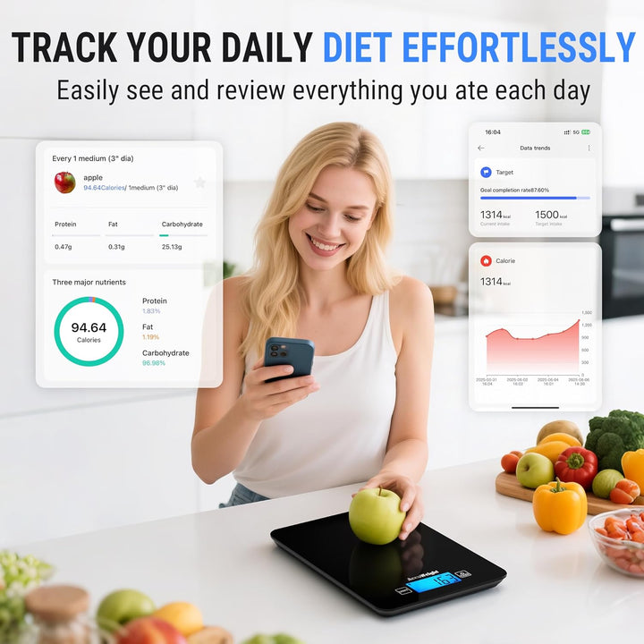 ACCUWEIGHT Küchenwaage Bluetooth mit Nährwertrechner (mit 4 Batterien) Digitale Lebensmittelwaage bi