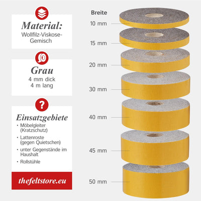 The Felt Store Filzband selbstklebend, 50mm breit, 4mm stark, 4m lang, Grau Meliert, Dichtungsband a