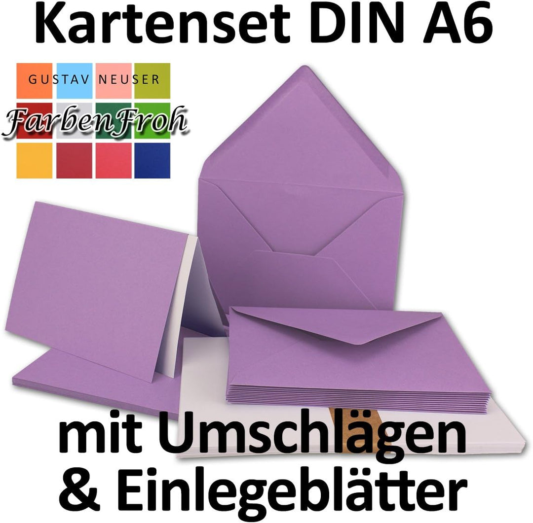 75x Faltkarten Set DIN A6/C6 mit Brief-Umschlägen in Lila - inklusive Einleger - 14,8 x 10,5 cm - Pr