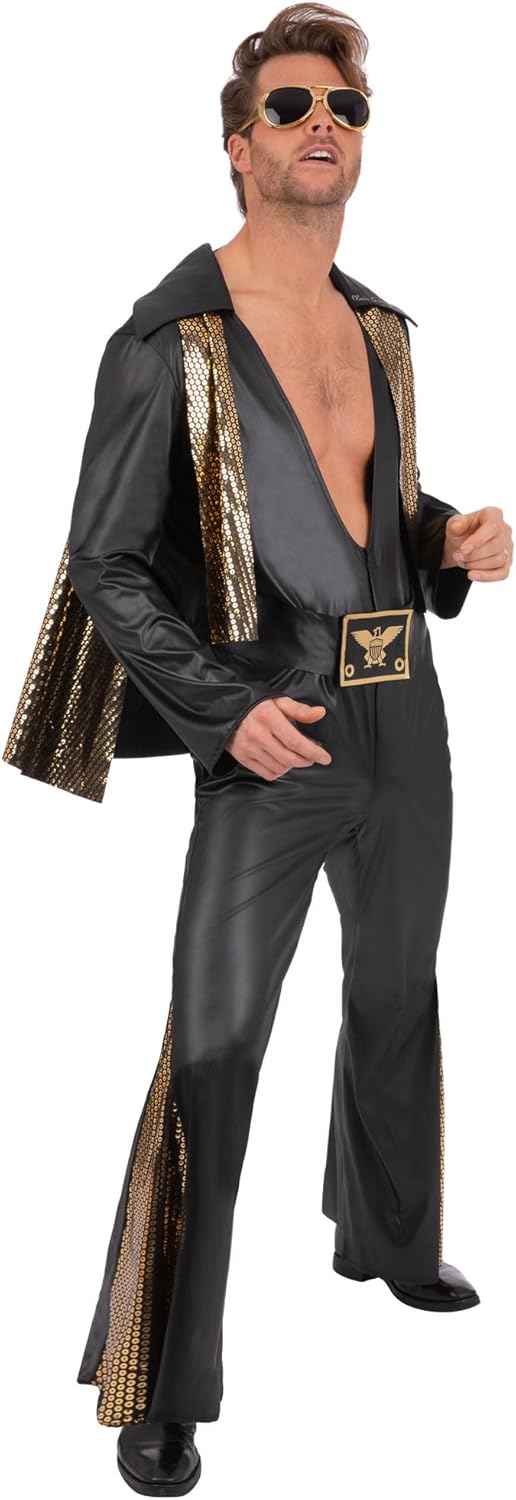 Smiffys Elvis Schwarzer Overall Kostüm für Erwachsene Offiziell lizenziertes All-in-One-Outfit mit U