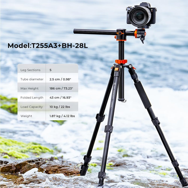 K&F Concept 186cm Aluminium Stativ, Kamera Stativ mit 90 Grad Mittelsäulen, Kompaktes Fotostativ mit