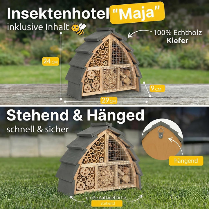 Insektenhotel wetterfest aus Holz – Bienenhotel mit Vogelschutz für Wildbienen &amp; Schmetterlinge – In