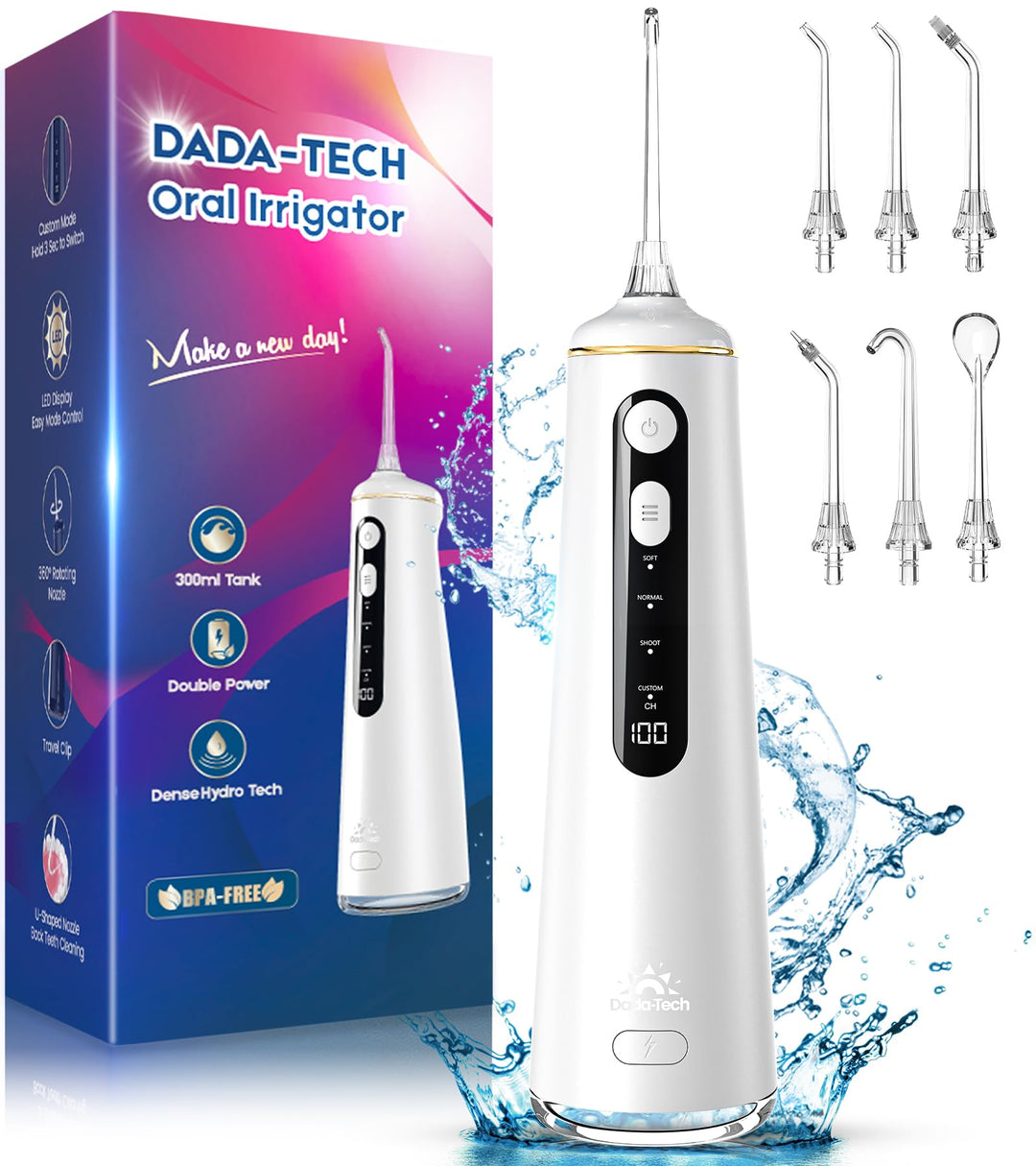 Munddusche Kabellos, Water Flosser for Teeth Mit 4 Modi & 8 Stufen 7 Düsen 300ML Tank Munddusche für