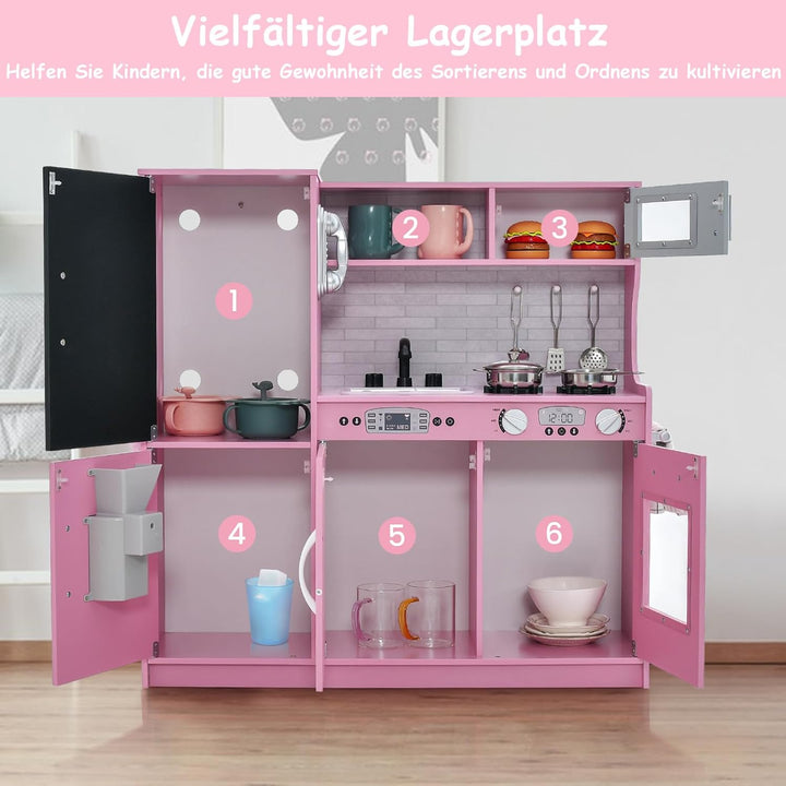 GOPLUS Kinderküche aus Holz, Kinderspielküche mit Mikrowellen, Backofen, Wasserbecken, Kreidetafel &