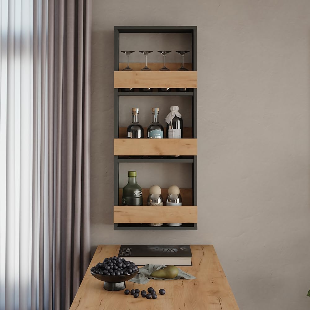 Vicco Weinglasregal Repose, Goldkraft Eiche/Anthrazit, 40 x 98 cm, zur Wandmontage mit Halterungen f