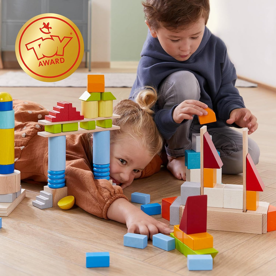 HABA Basis Holzbausteine - 85 Bunte Bausteine mit Baumwolltasche - Made in Germany - ToyAward Gewinn