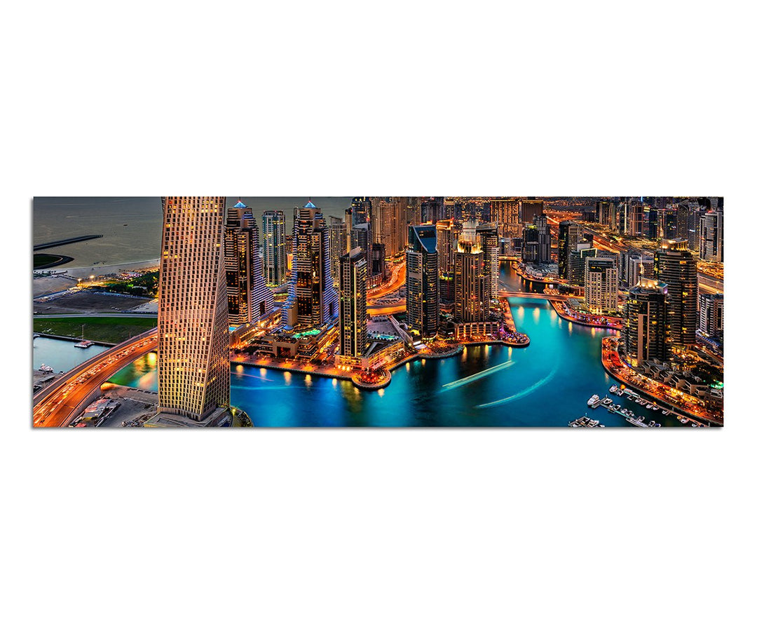 Paul Sinus Art Panoramabild auf Leinwand und Keilrahmen 150x50cm Stadt Yachthafen Hochhäuser Meer Dä