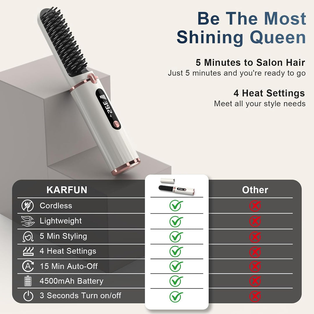 KARFUN Stylingbürste für kurze, 4 Temperaturstufen, Schnellaufheizung | Tragbarer kabellos Haarglätt