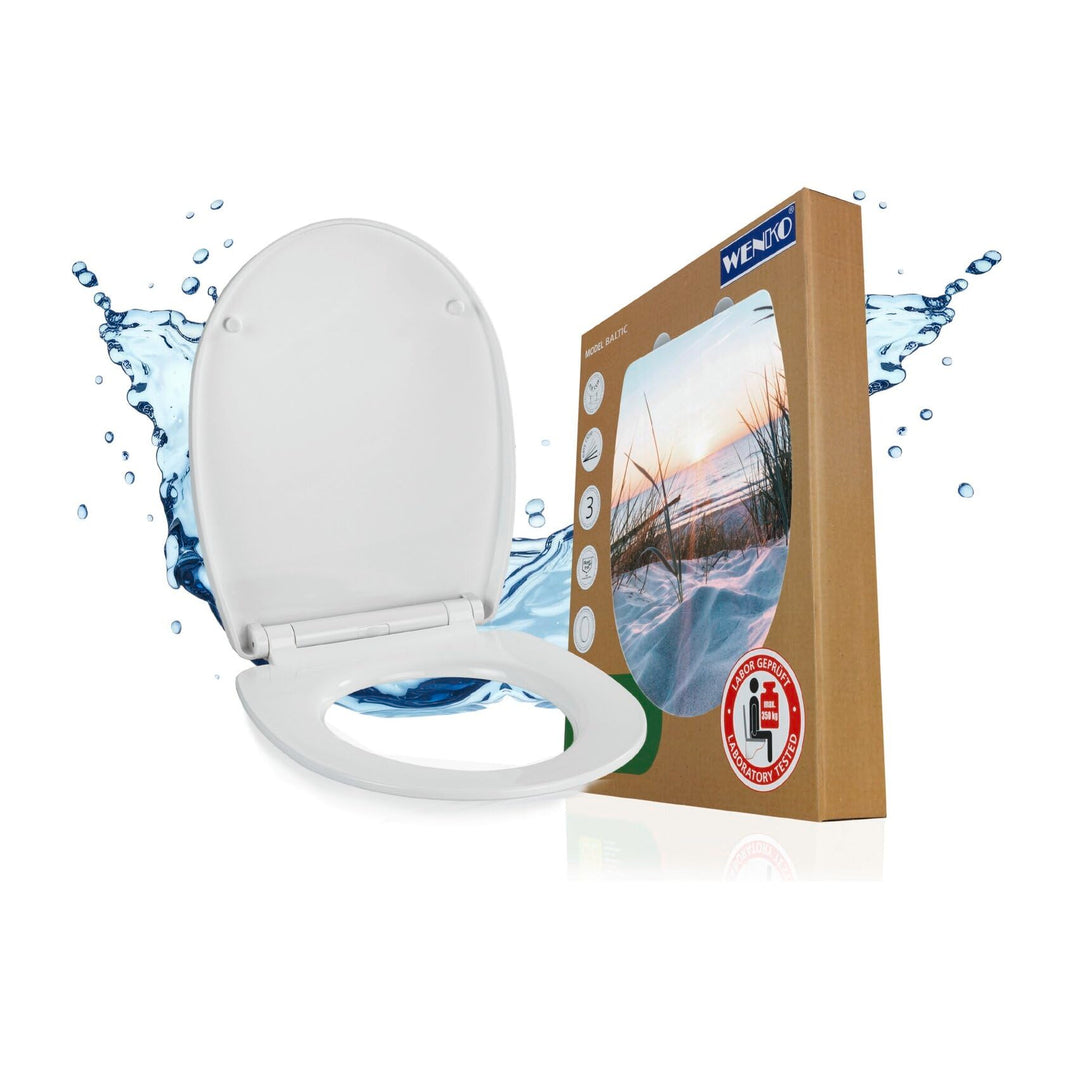 WENKO Toilettendeckel mit Absenkautomatik und Strand-Motiv, hohe Belastbarkeit bis 350 kg, ovaler WC