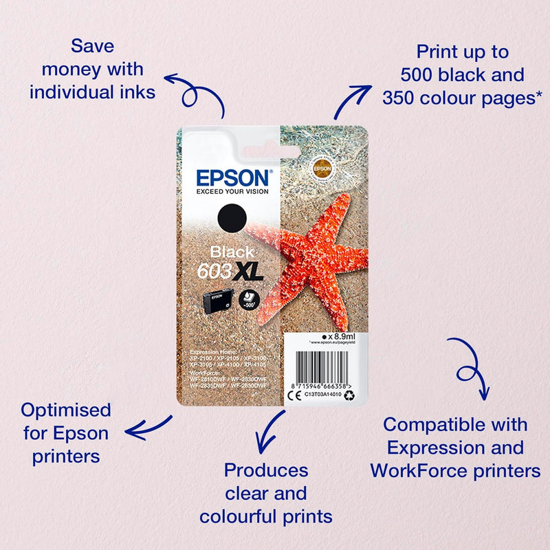 Epson Original 603XL Tinte Seestern, Singlepack schwarz XL, WF-2820DWF WF-2830DWF WF-2840DWF WF-2850