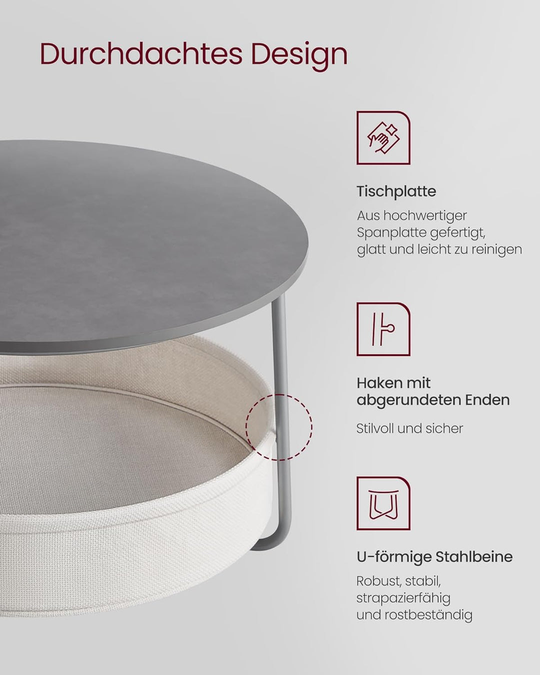 VASAGLE Couchtisch rund, Tisch mit Stauraum, Beistelltisch, Wohnzimmertisch mit Korb aus Stoff, mode