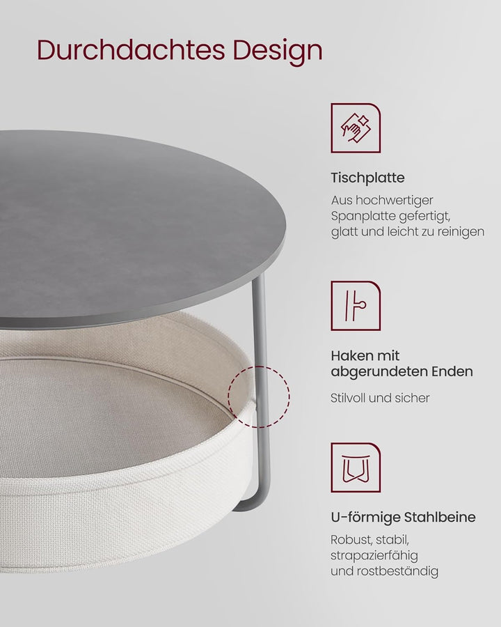 VASAGLE Couchtisch rund, Tisch mit Stauraum, Beistelltisch, Wohnzimmertisch mit Korb aus Stoff, mode