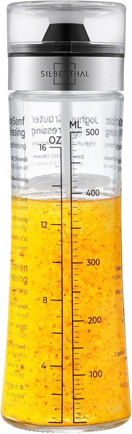SILBERTHAL Dressingshaker aus Glas mit Rezepten – 500 ml – Spülmaschinenfest - Neuer Deckel & Neue R