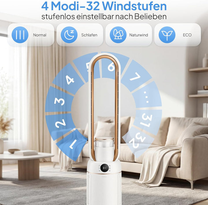 ROVSUN 4 in 1 Blattloser Turmventilator sehr Leise 25-50dB, Turmventilator 50 W mit 15H-Timer & Fern