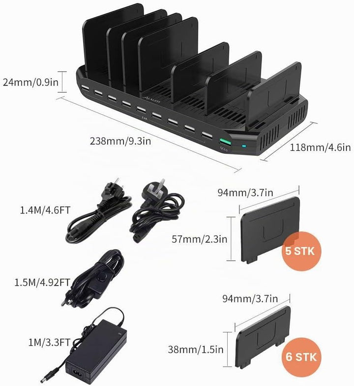 Alxum 60W Multi USB Ladestation 10 Ports mit QC 3.0 Ladestation Mehrere Geräte Schnelles für Mobilte