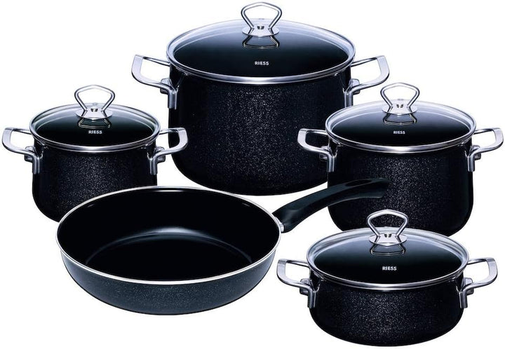 Riess 0558-009, Emailieset Black Magic, 5-teilig, bestehend aus: Fleischtopf mit GD Ø 16, 20, 24 cm,
