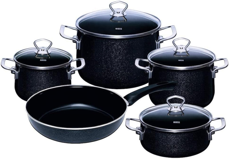 Riess 0558-009, Emailieset Black Magic, 5-teilig, bestehend aus: Fleischtopf mit GD Ø 16, 20, 24 cm,