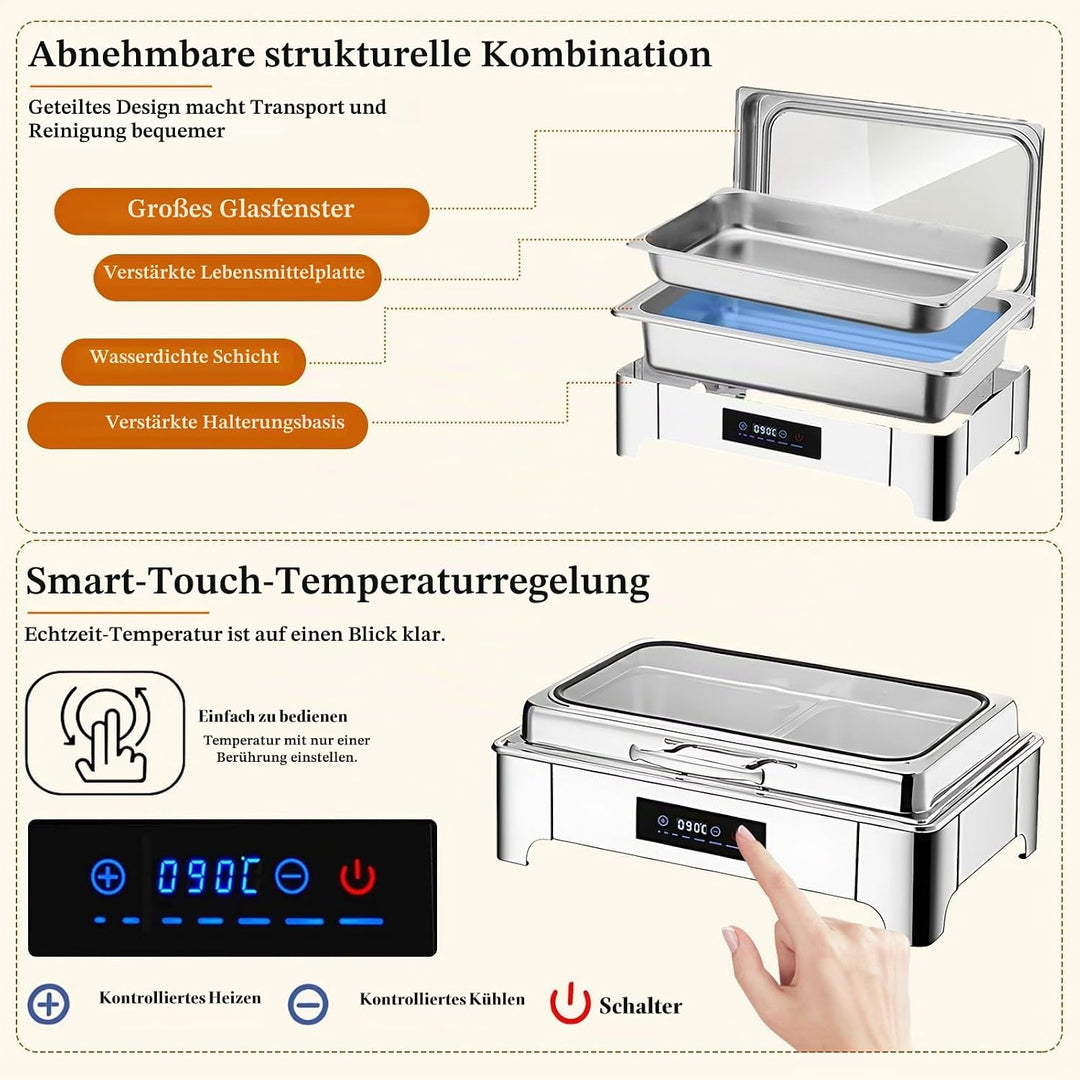 Chafing Dish Elektrisch, 9L Edelstahl Speisewärmer Buffetwärmer Einstellbare Temperatur, Warmhaltebe