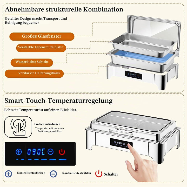 Chafing Dish Elektrisch, 9L Edelstahl Speisewärmer Buffetwärmer Einstellbare Temperatur, Warmhaltebe