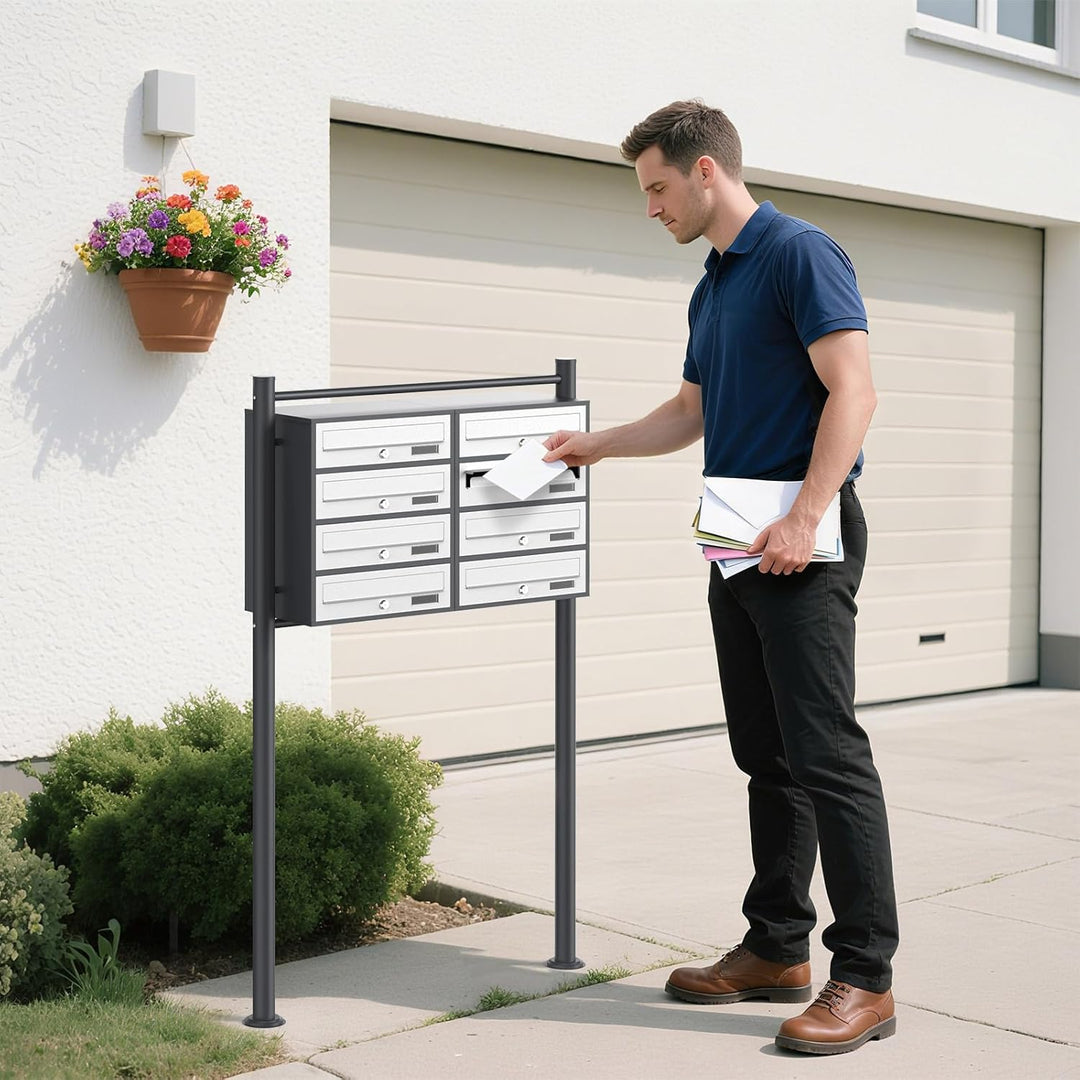 8er-Briefkastenanlage mit Standfuss, pulverbeschichtet in Anthrazit/Weiss, 2 Schlüssel je Postfach