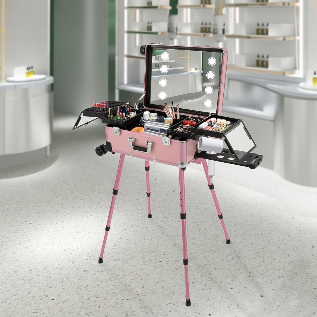Kosmetikkoffer Trolley mit 8 LED Licht und Kosmetikspiegel,Schminkkoffer 3-stufige Design Innenfäche