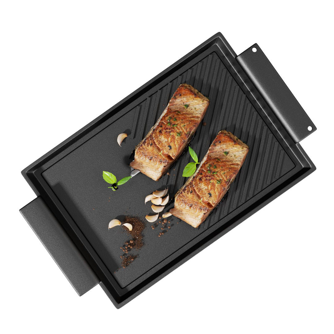 Grillplatte 38x21 cm mit Seitengriffen Aufhängeloch glatte antihaftbeschichtete Plancha aus Gusseise