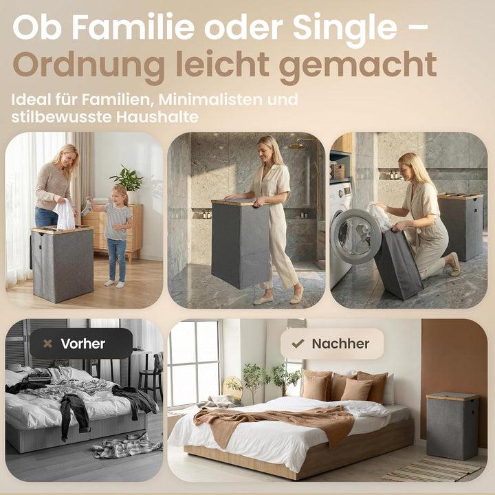 Wäschekorb 3 Fächer mit Deckel – kein Klett, keine Schlaufen, herausnehmbare Wäschesäcke, stabiler B