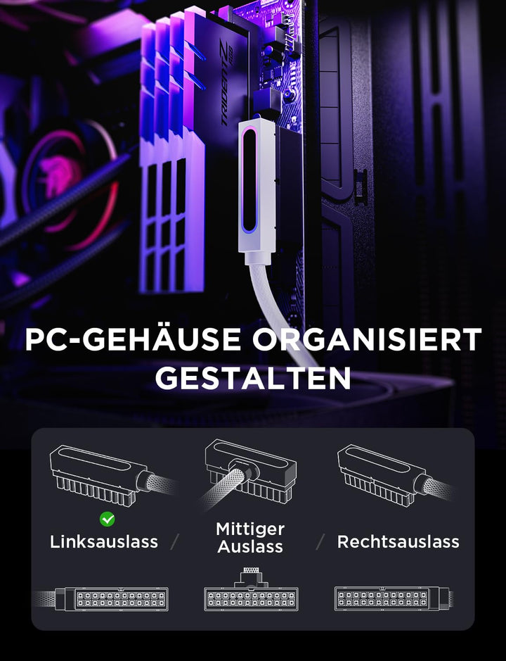 AsiaHorse Hydrus 24-Pin ATX Verlängerungskabel [TYP L - NACH UNTEN GEWINKELT], 90° Stecker nach unte
