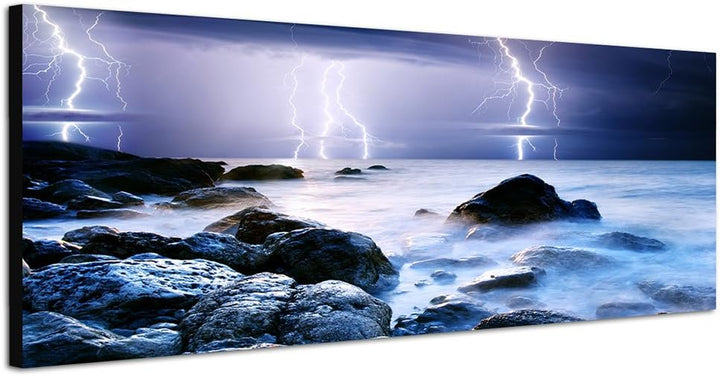 Paul Sinus Art Panoramabild auf Leinwand und Keilrahmen 150x50cm Meer Sturm Gewitter Blitze Dunst