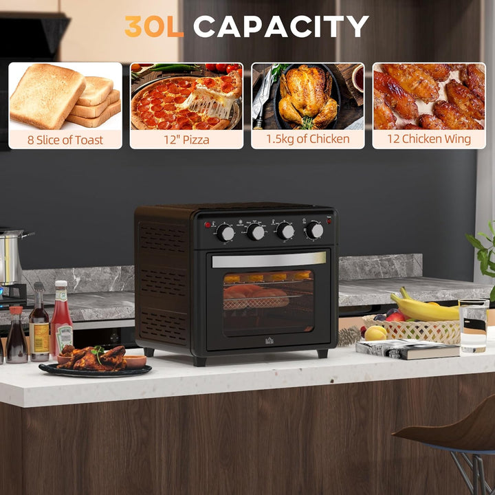HOMCOM Mini Backofen mit Umluft 30 L 1600W 90-230℃ 60 Min. Timer inkl. Krümelblech, Warmhalteplatten