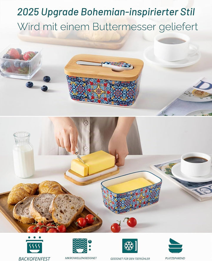 vancasso SIMI Butterdose, Hochwertige Butterglocke, Butterdose Keramik mit Messer und Holzdeckel, Bö