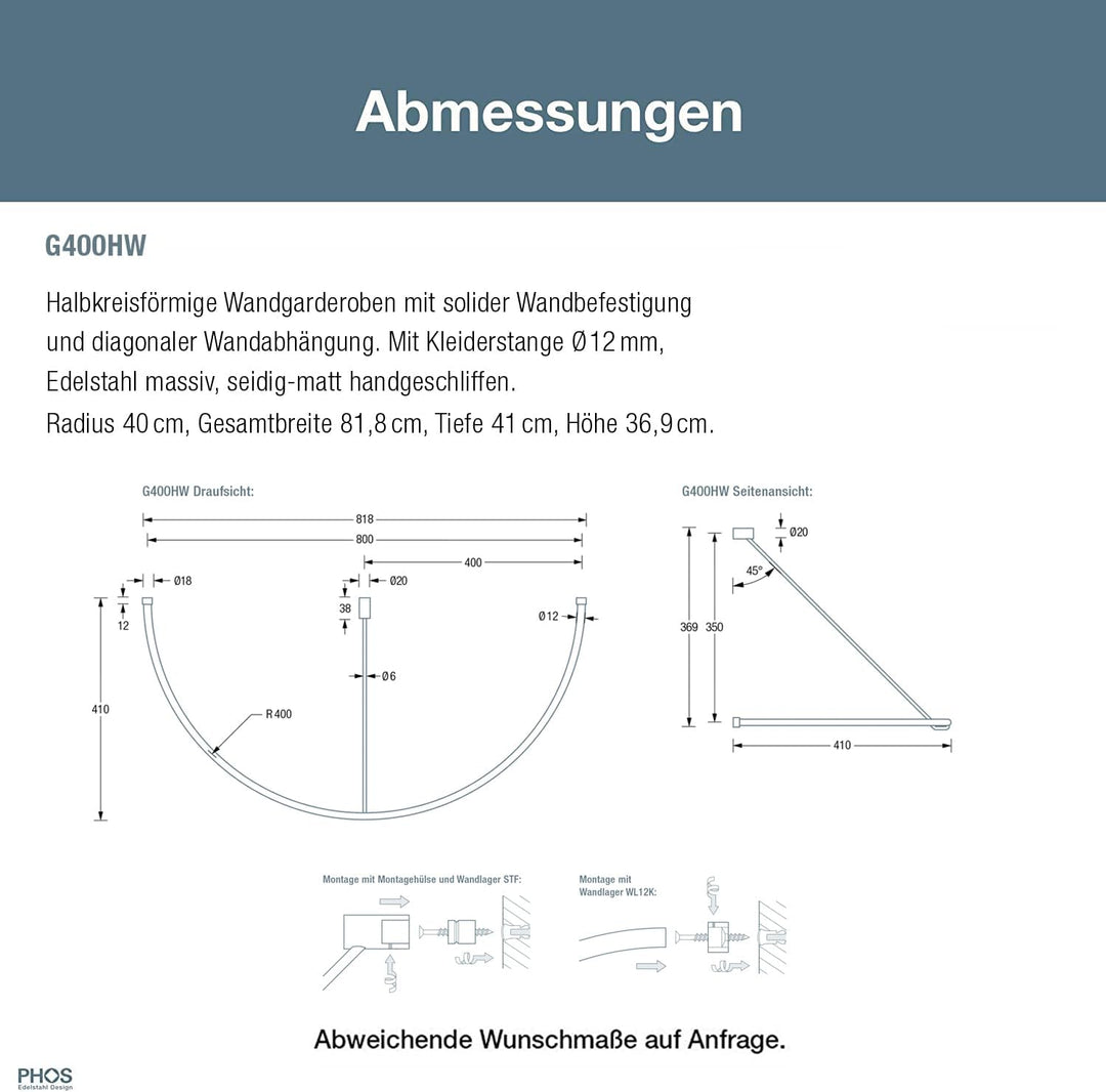 PHOS Design, G400HW, Wandgarderobe rund, Breite: 80 cm, Tiefe: 43 cm, Höhe: 38 cm, Edelstahl massiv,