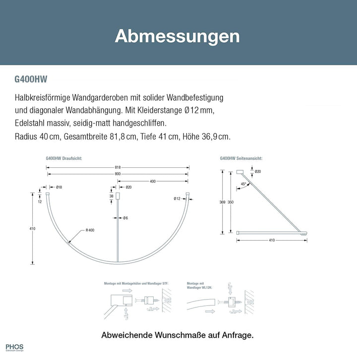 PHOS Design, G400HW, Wandgarderobe rund, Breite: 80 cm, Tiefe: 43 cm, Höhe: 38 cm, Edelstahl massiv,