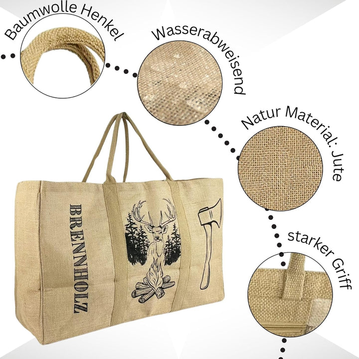 Domelo XXL Holzkorb Holzscheittasche Brennholz Tragetasche 67L mit Wachsbeschichtung belastbar bis 3