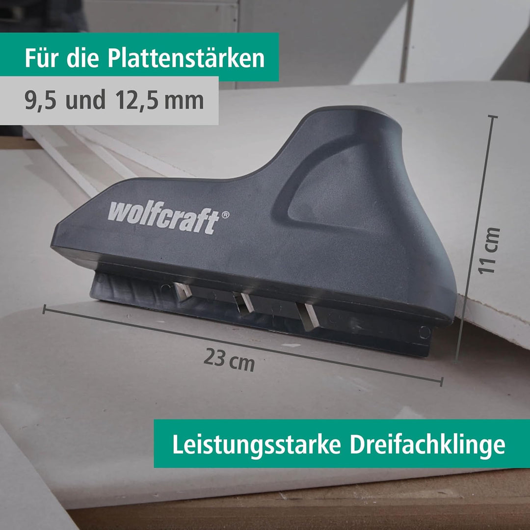 wolfcraft 3-fach Kantenhobel 4009000 – Trockenbau Hobel mit Dreifachklinge zum Anschrägen von Kanten