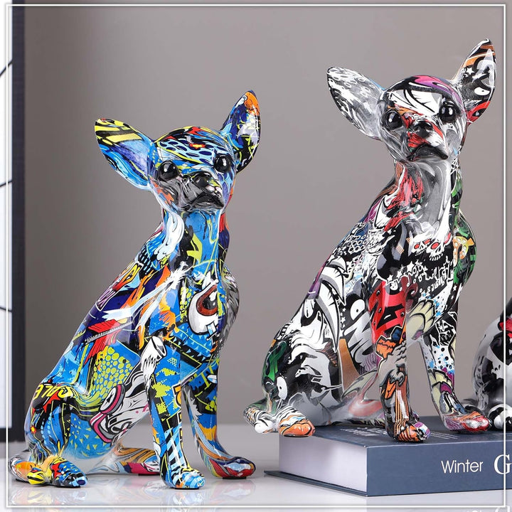 orenm Bunte Chihuahua-Statue, Moderne Graffiti-Kunst, Mehrfarbig, Hundefigur, Kunstharz, Heimdekorat