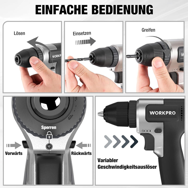 WORKPRO 8V Akku Bohrschrauber Set, Akkuschrauber, 2000 mAh Akku Bohrmaschine, 12 Nm Drehmoment, 10mm