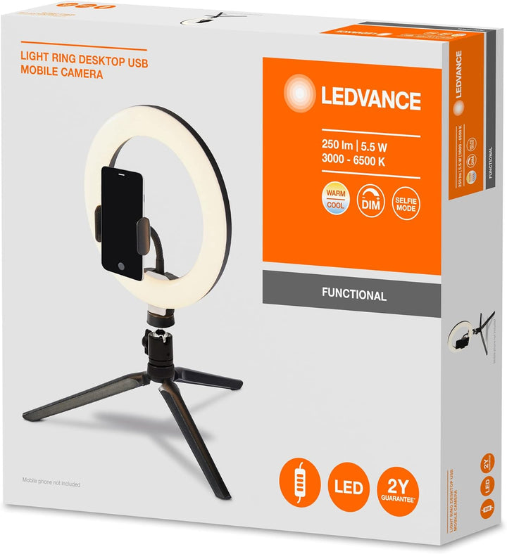 Ledvance LED Ringlicht mit Stativ 190mm mit USB Anschluss, 72 LEDs dimmbar, 3000-5800k, 10W-400-500