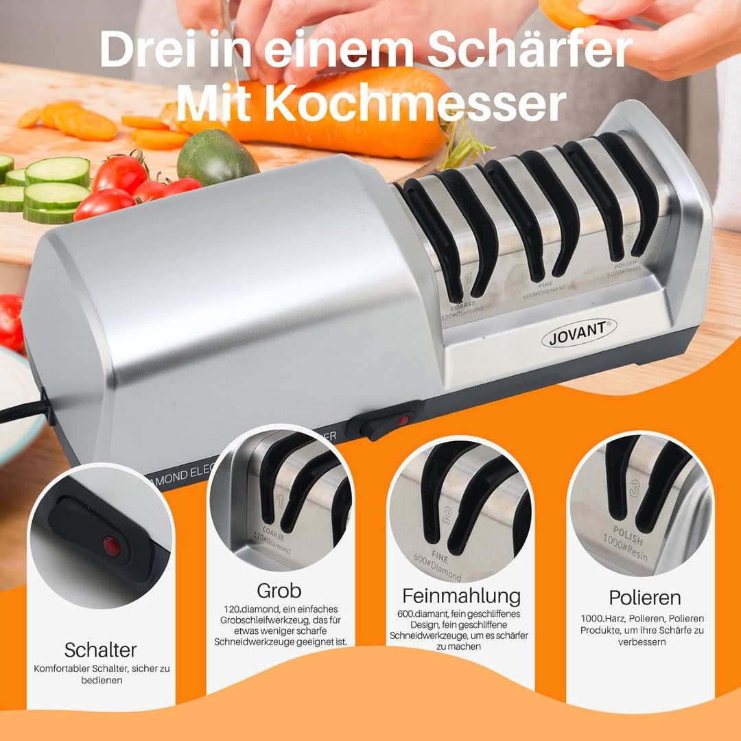 15 Grad Messerschärfer, 3-in-1 Elektrischer Messerschärfer für Fleisch und Gemüsemesser, Profi für G