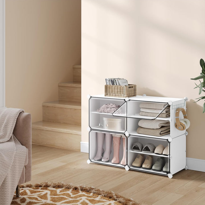 WOLTU Schuhregal, Schuhschrank mit 4 Fächern, Platzsparend, Mit Haken, Schuhablage Kunststoff, für F