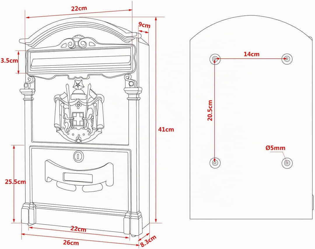 Wiltec Briefkasten Antik Design weiss 260 x 90 x 400 mm, Wandbriefkasten mit Schloss, Namensschild u
