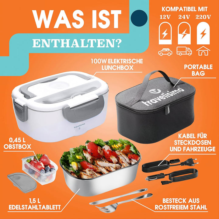 TRAVELISIMO Elektrische Lunchbox 80W Food Warmer, 1,5L Edelstahl Wärmebox Für Essen 3-in-1 Thermo Es