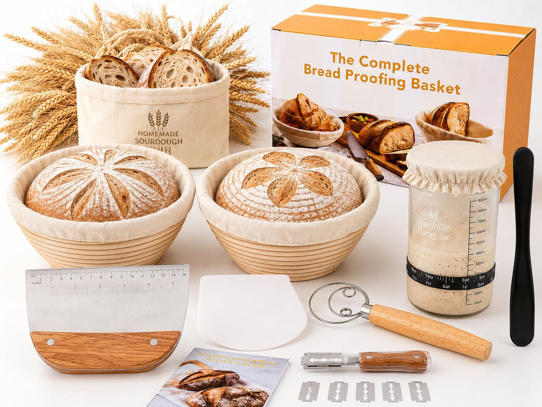 Brot Gärkorb Set, Gärkörbchen zum Brotbacken,2 Gärkorb (25cm Ovale & 23cm Runde), 700ML Sauerteig Gl