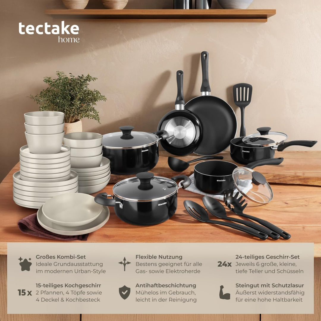 tectake® Küchenstarterset 6 Personen, Steingut Geschirr Set, Teller, 4 Töpfe 2 Pfannen rostfreies Al